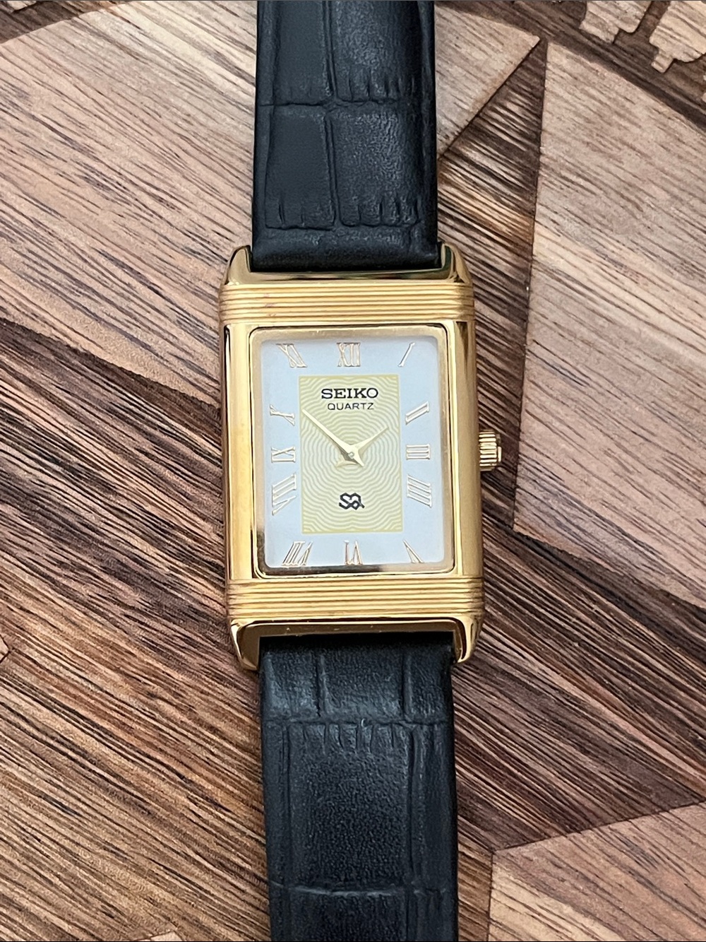 Seiko Gold-Tone Rectangular Quartz Watch with Dark Brown Strap